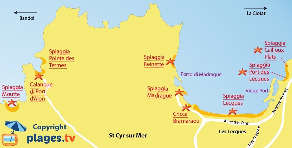 Mappa spiagge di Saint Cyr sur Mer in Francia