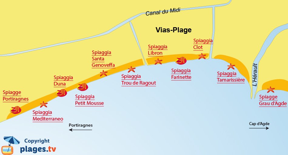 Mappa spiagge a Vias - Francia