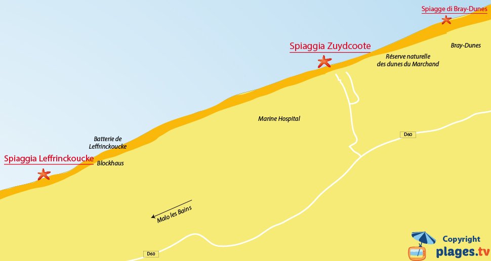 Mappa spiagge Zuydcoote in Francia