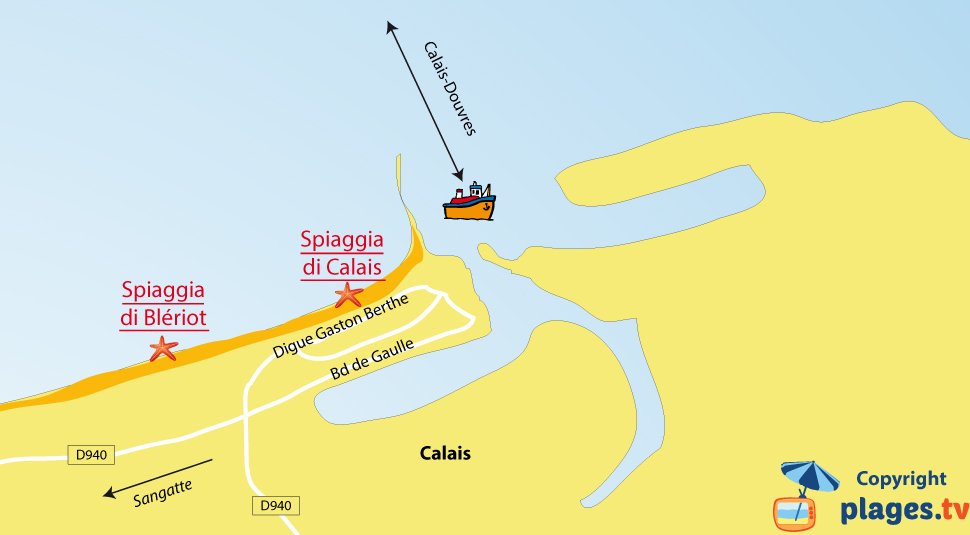 Mappa spiagge di Calais in Francia