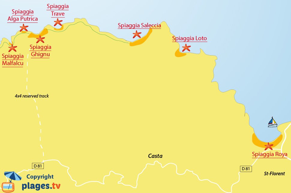 Mappa spiagge nel deserto delle Agriate in Corsica