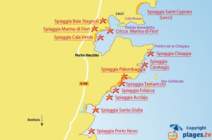 Mappa spiagge attorno a Porto-Vecchio