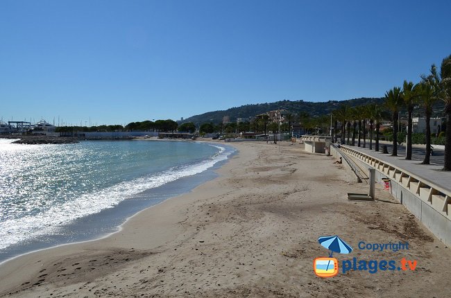 Plage du Midi avec vue sur le port et le centre de Golfe Juan