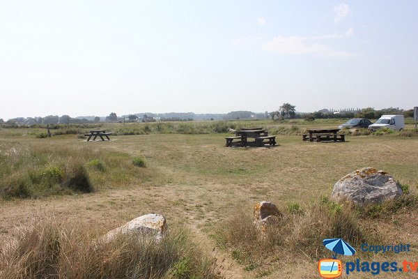 Picnic tables on the beach of Graye sur Mer