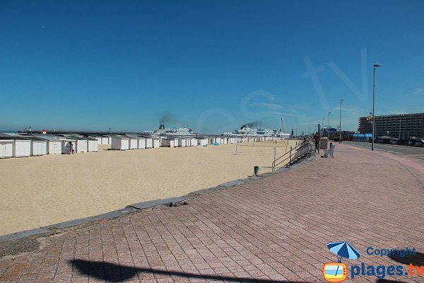 Plage vue depuis la digue - vue sur le port de Calais