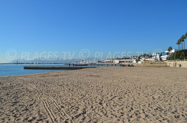 Strand Croisette mit Blick auf den Hafen von Cannes und den Palast