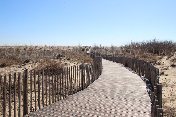 Wooden path to go to the Dunes beach in Carnon