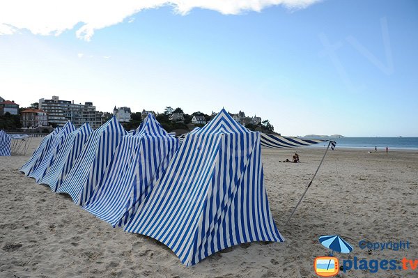 blue and white striped tents in Dinard