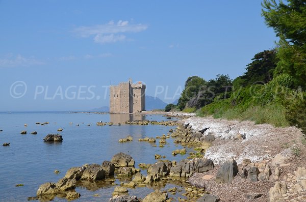 Photo d'une plage de Lérins avec le fort de St Honorat