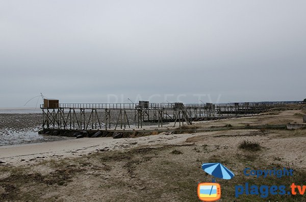 Plage avec des carrelets à Les Moutiers-en-Retz