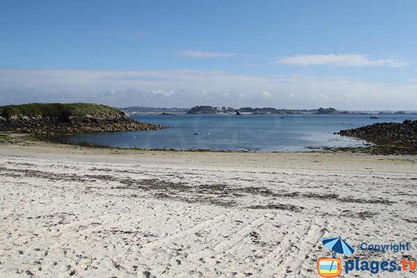 Photo de la plage de Porz Alliou avec l'ilot d'Enez Aod Kun - Batz