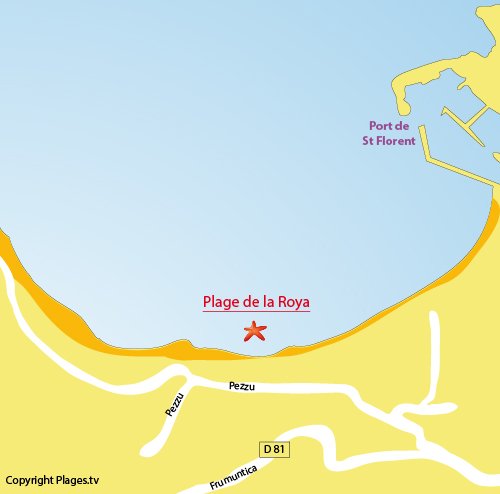 Map of Roya Beach in St Florent in Corsica