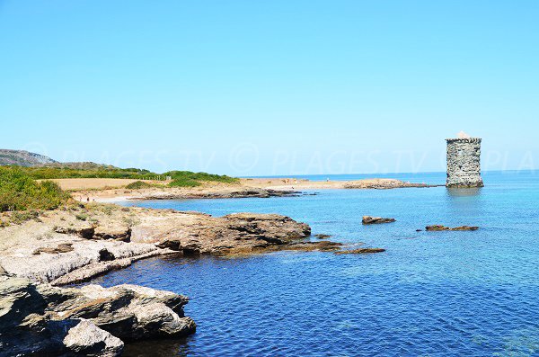 Bay of Santa Maria with its tower in Macinaggio in Corsica