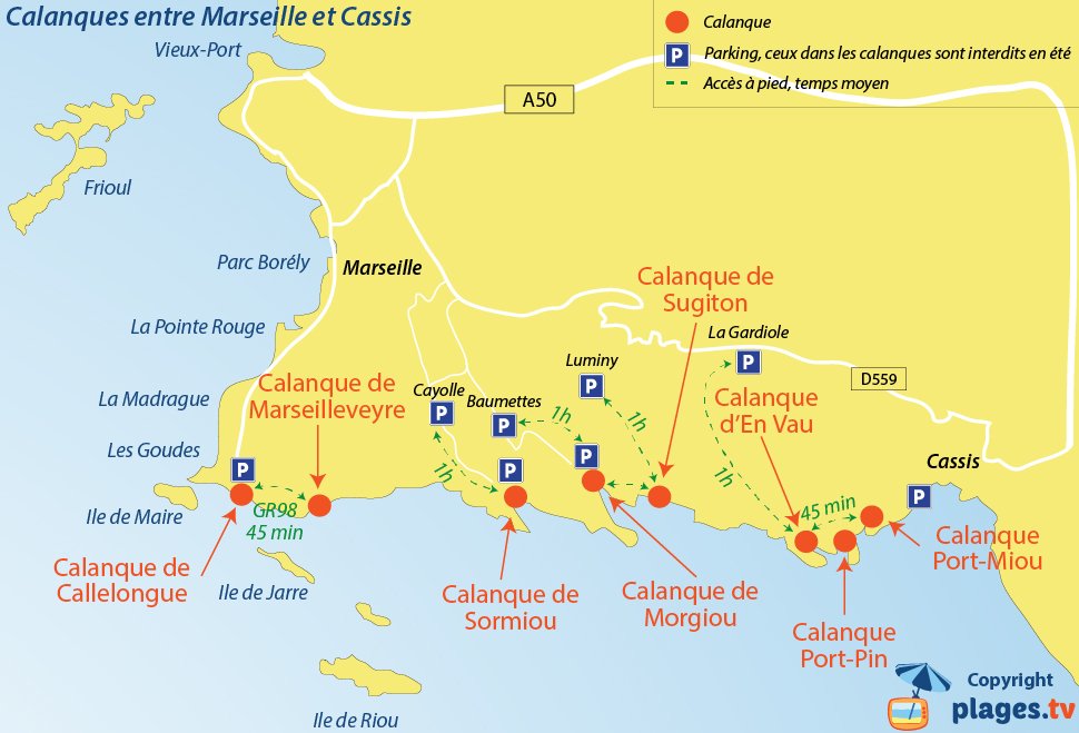 Plan d'accès aux calanques de Marseille et Cassis