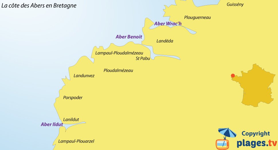 Plan de la côte des Abers en Bretagne - Plages et villes balnéaires