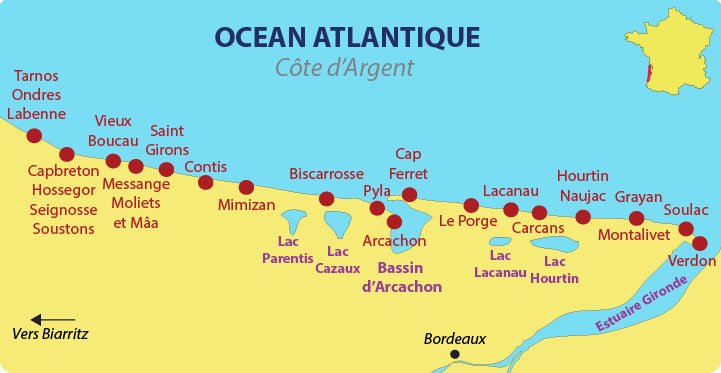 Plan de la Côte d'Argent avec les principaux lacs