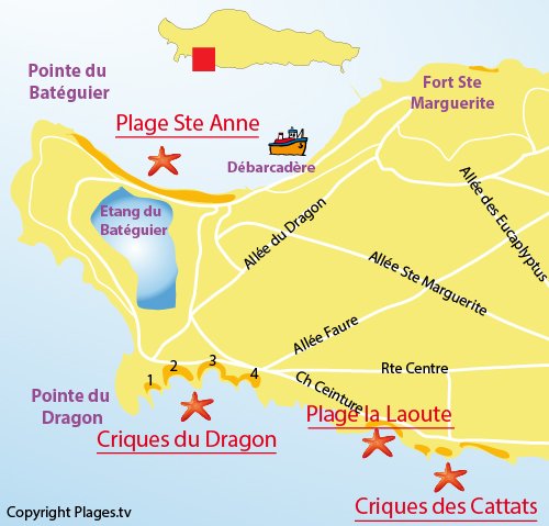 Plan d'accès aux criques de Cattats sur les iles de Lérins (Ste Marguerite)