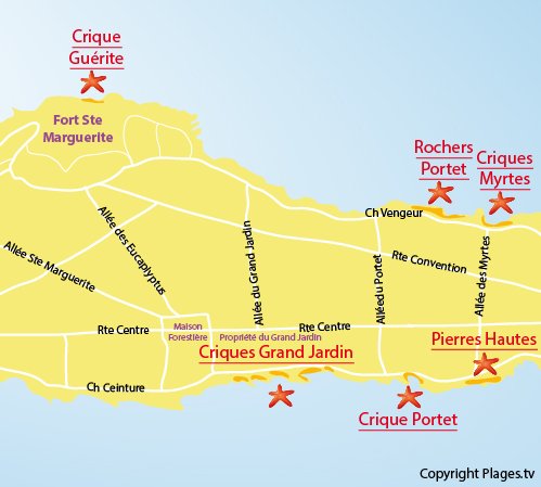 Carte de la plage des Pierres Hautes sur les Iles de Lérins