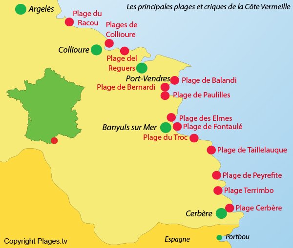 Plan des différentes criques sur la Côte Vermeille