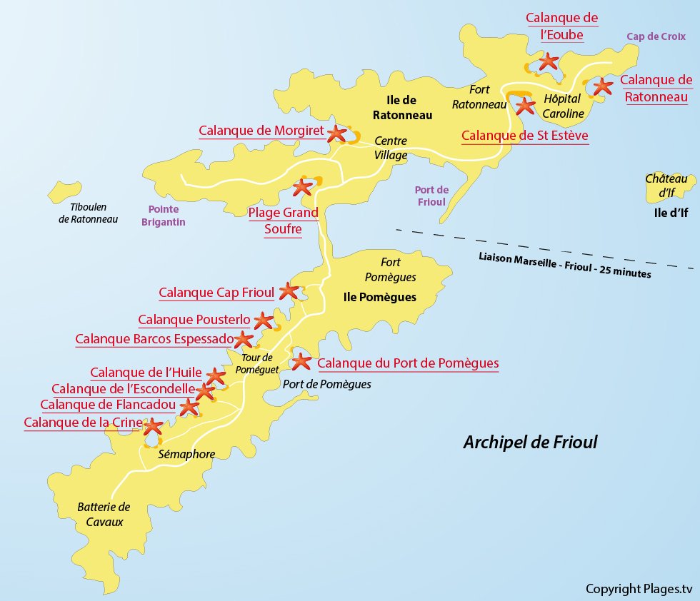 Plan de Frioul avec les différentes calanques