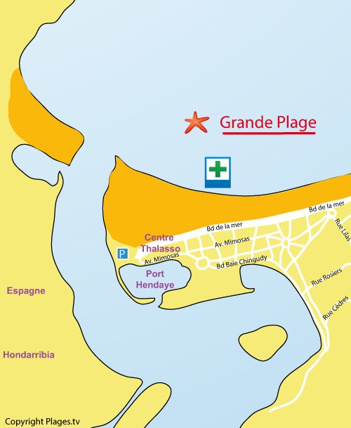 Map of the main beach of Hendaye in France