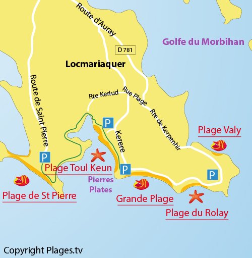 Map of Grande Plage Beach in Locmariaquer - Brittany