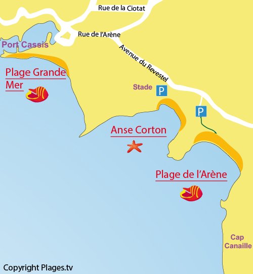 Carte de la plage de l'Arène à Cassis