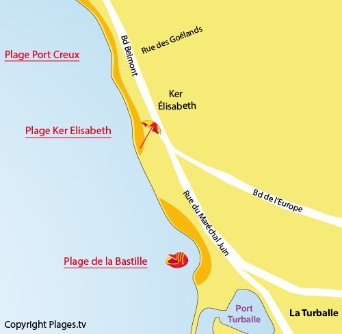 Map of Bastille beach in La Turballe - France