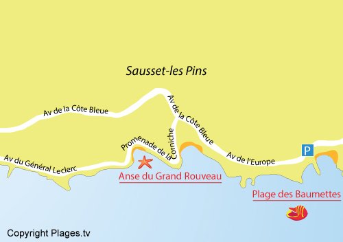 Plan de la plage des Baumettes à Sausset les Pins