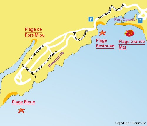 Carte de la plage du Bestouan à Cassis proche de la calanque Port Miou