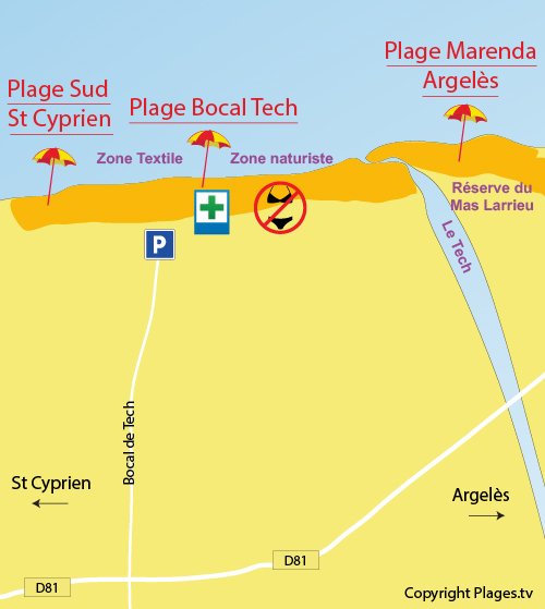 Mappa della Spiaggia del Bocal de Tech a Elne - Francia