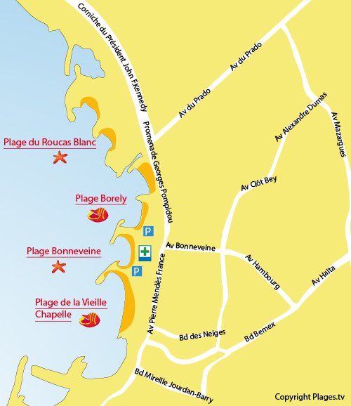 Carte de la plage de Bonneveine de Marseille