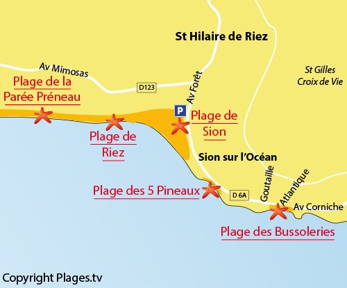 Map of Bussoleries Beach in St Hilaire de Riez