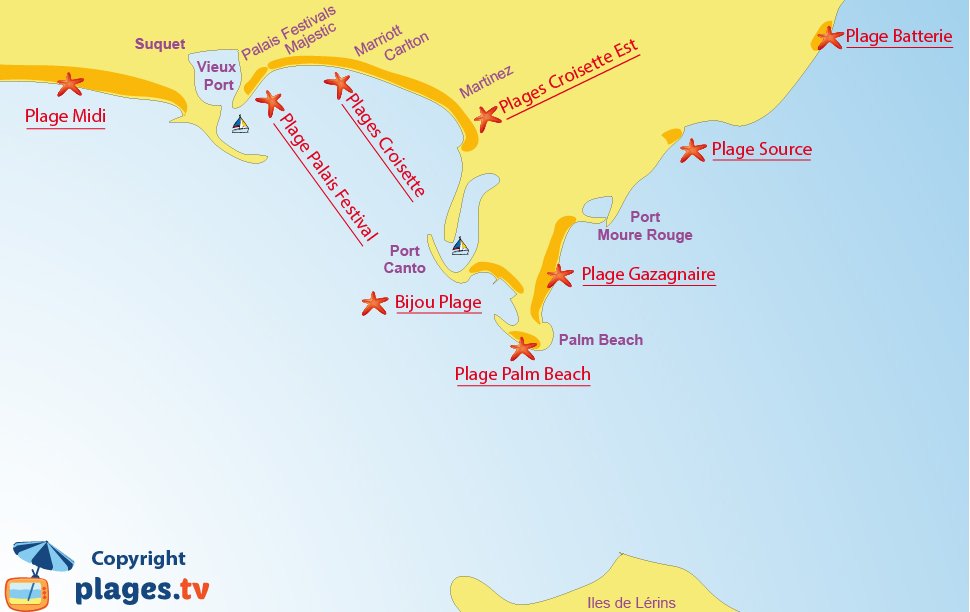 Map of Cannes beaches - French Riviera