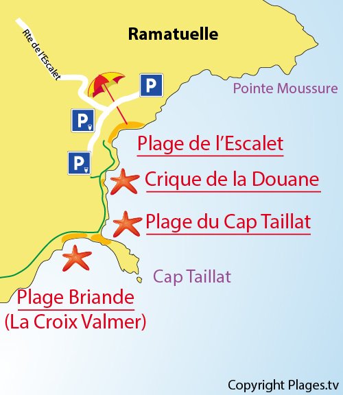 Map of Cape Taillat Beach in Ramatuelle - France