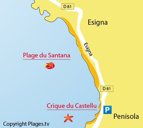 Map of Castellu Beach (Penisola) - Sagone