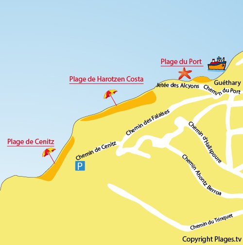 Mappa della spiaggia di Cenitz a Guéthary e St Jean de Luz