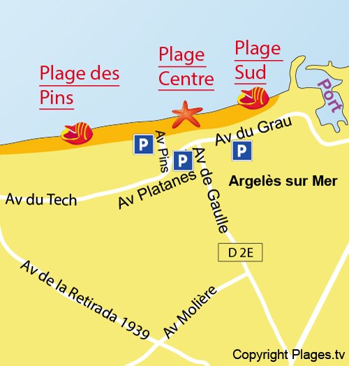 Mappa della Spiaggia del Centro a Argelès sur Mer