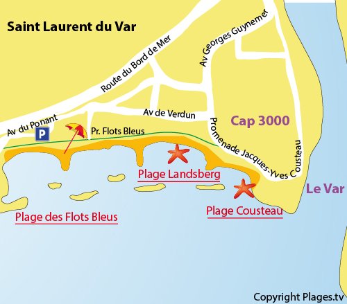 Map of Cousteau Beach in Saint Laurent du Var