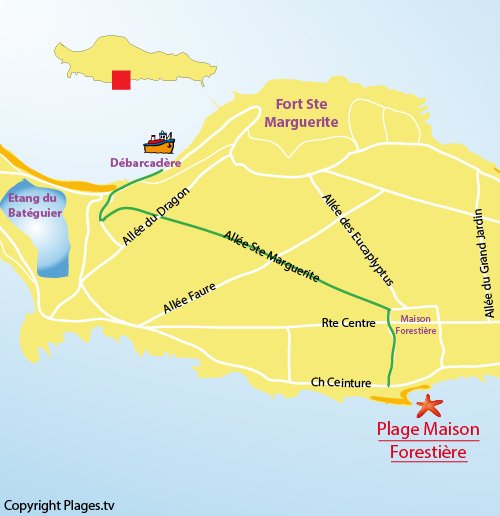 Carte de la plage de la maison forestière sur l'ile de Lérins