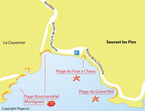 Map of Four à Chaux Beach in Sausset les Pins