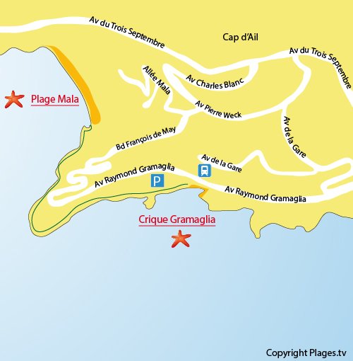 Plan de la plage Gramaglia au Cap d'Ail