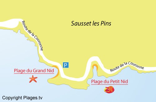 Mappa della spiaggia del Grand Nid a Sausset les Pins
