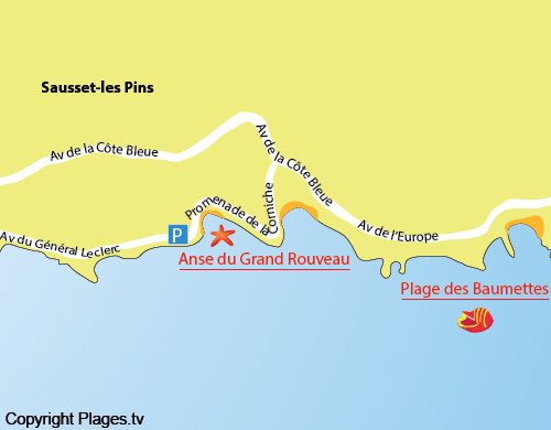 Map of Grand Rouveau Beach in Sausset les Pins