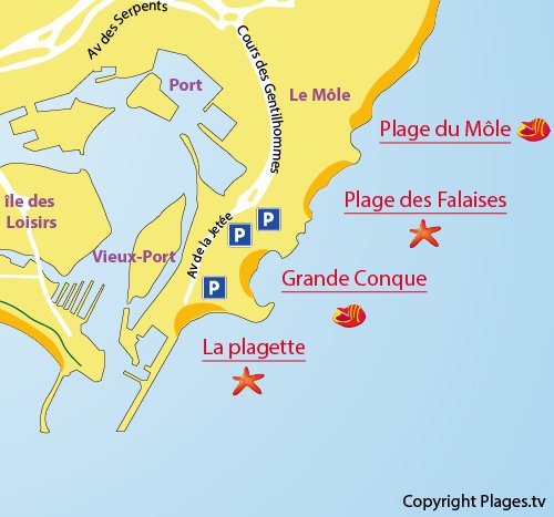 Carte de la plage de la Grande Conque au Cap d'Agde