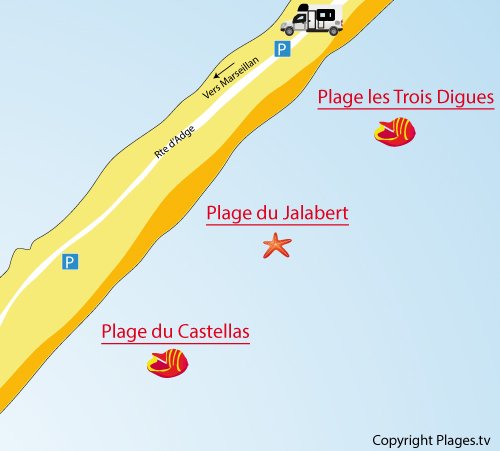 Map of Jalabert Beach in Sète