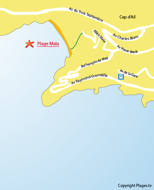 Plan de la plage Mala au Cap d'Ail