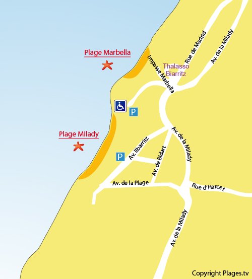 Map of Milady Beach in Biarritz