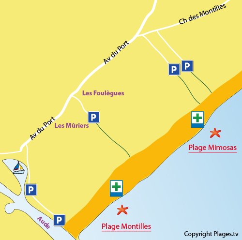 Plan de la plage des Mimosas à Vendres