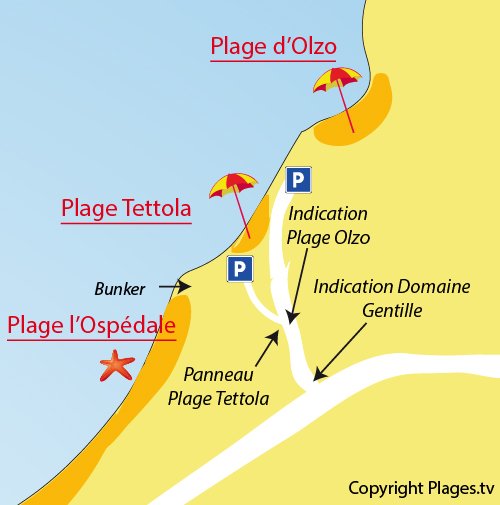 Map of Olzo Beach in St Florent